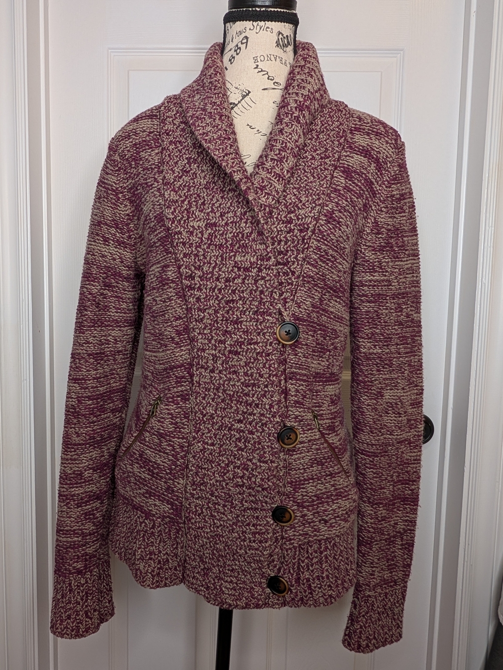 American Eagle Outfitters Marled Burgundy Cream Shawl-Collar Button Cardigan M